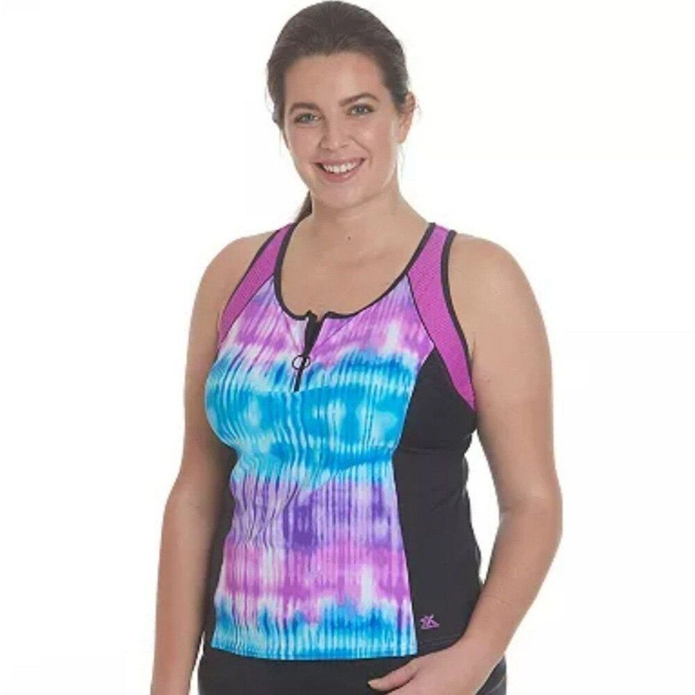 ZeroXposur Womens Burst Scuba Quater Zip Tankini Top Calypso Blue Pink Black